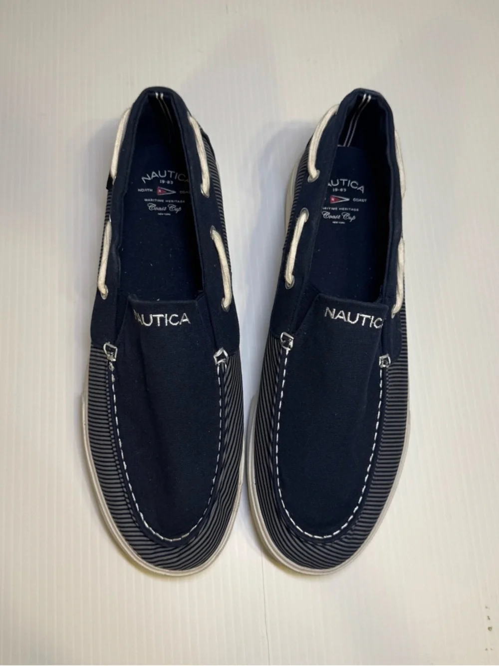 Nautica Nautical Preppy Doubloon Mens 13 Navy Blue Striped Boat Shoes Slip On
